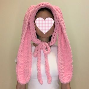 Pink Bunny Rabbit Chunky Chenille Knit Bonnet Hood Ear Warmer Lolita Coquette